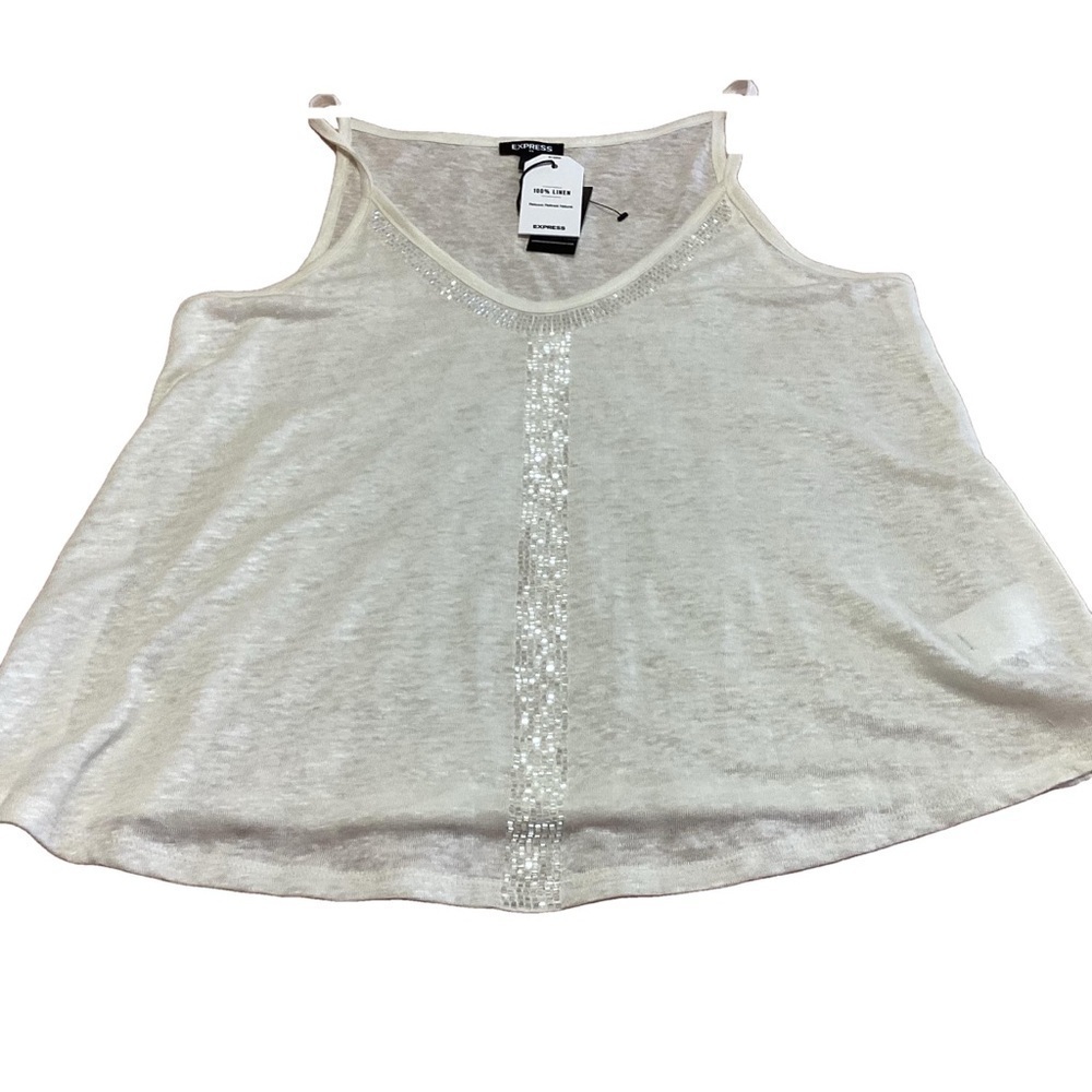 NEW Express White 100% Linen Beaded Sleeveless Top Sheer XS Fairycore